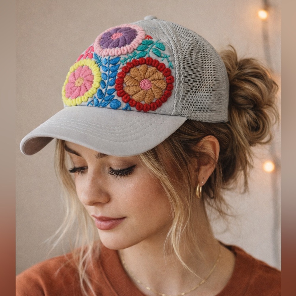 Embroidered Floral Colorful Floral Ball Cap Handmade Gray Women’s Boho